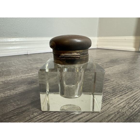 Antique Vintage Crystal Glass Block Ink Well Brass Lid Art Deco Cube Grandpacore - Picture 3 of 13